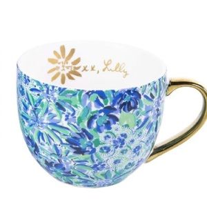 Set of 2 Lilly Pulitzer 12 oz Blue Ceramic Coffee Mug/Tea Cup with Gold Handle